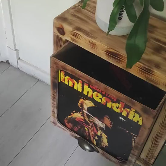 Rustic Record Stand with Storage & Shelf - Handmade Vinyl Holder w/ Presentation Window - Custom Leg Size and Color Choices
