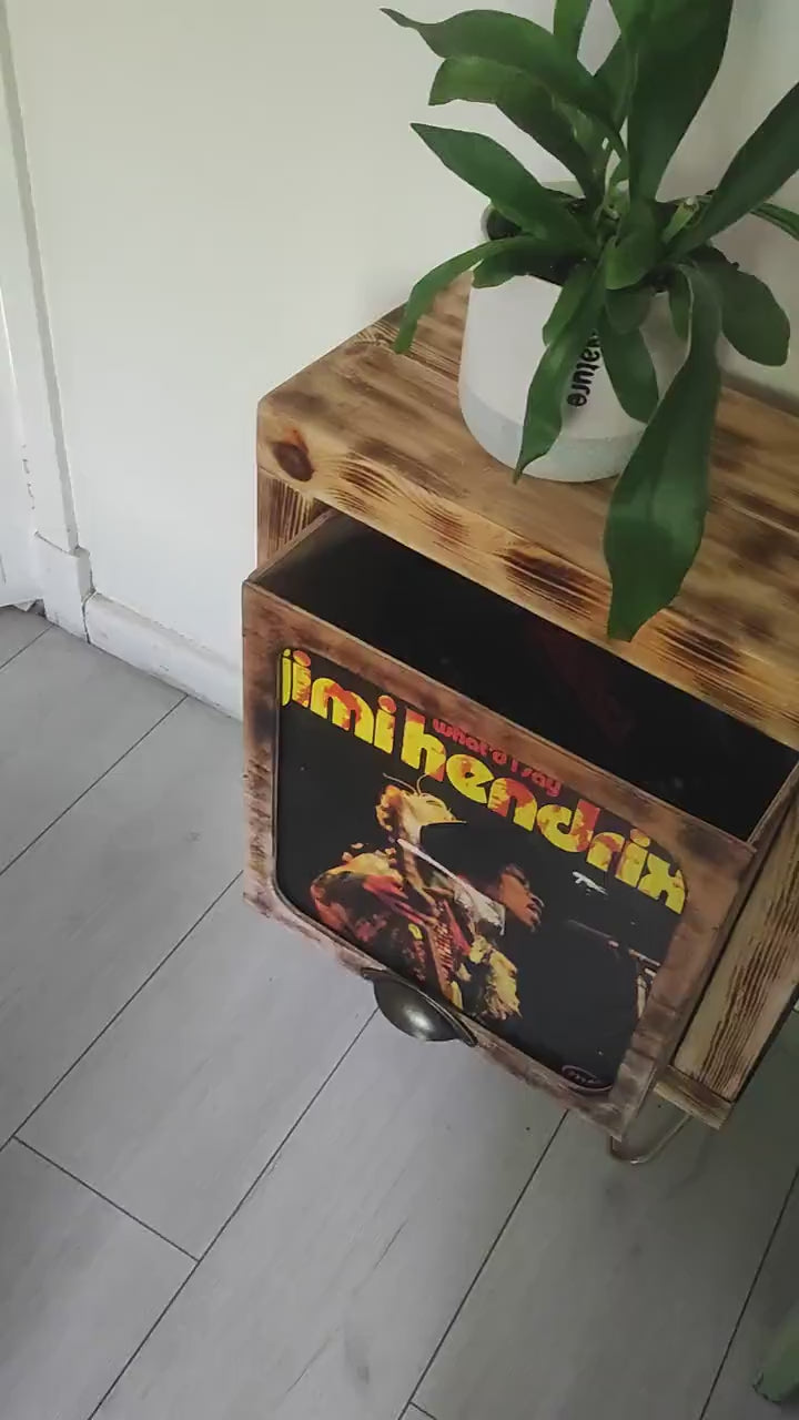 Rustic Record Stand with Storage & Shelf - Handmade Vinyl Holder w/ Presentation Window - Custom Leg Size and Color Choices